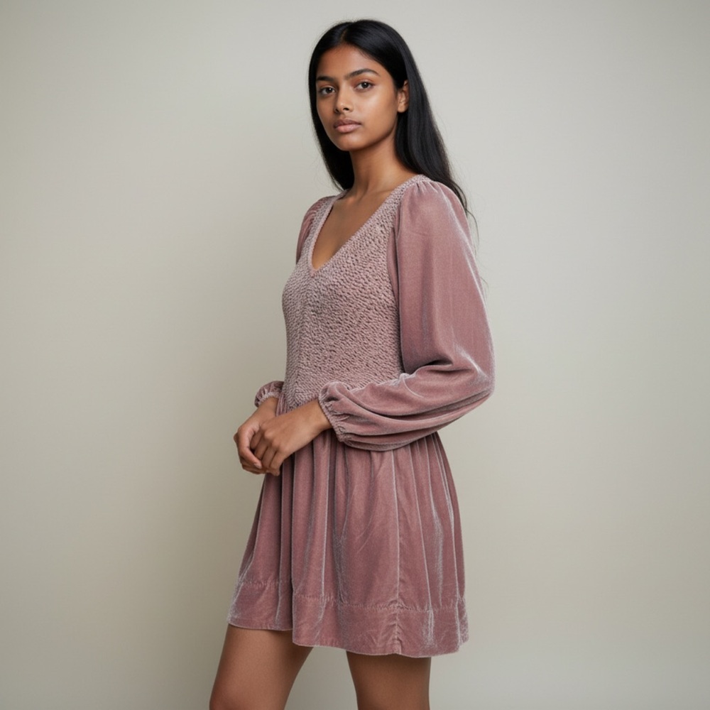 Free People Mauve Pink Farrier Smocked Velvet Long Sleeve Mini Dress Pockets